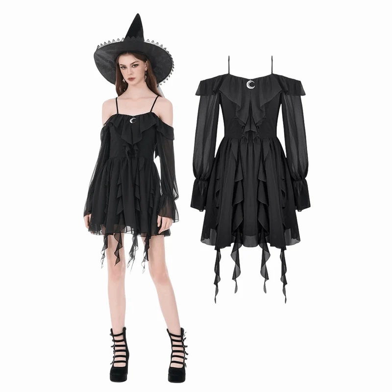 Gothic Moon Damen-Lagenkleid mit Rüschen und schulterfreiem Rock