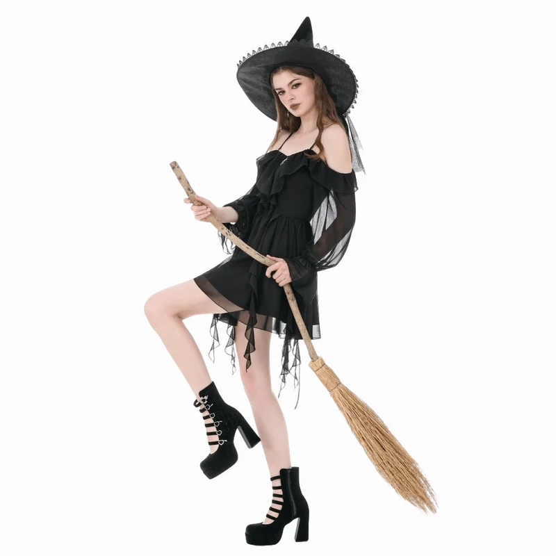 Gothic Moon Damen-Lagenkleid mit Rüschen und schulterfreiem Rock