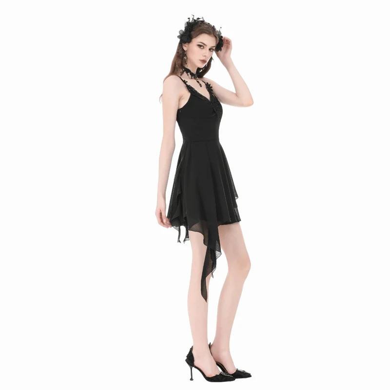 Gothic-Slipkleid für Damen mit Spitzenstickerei, V-Ausschnitt und asymmetrischem Schnitt