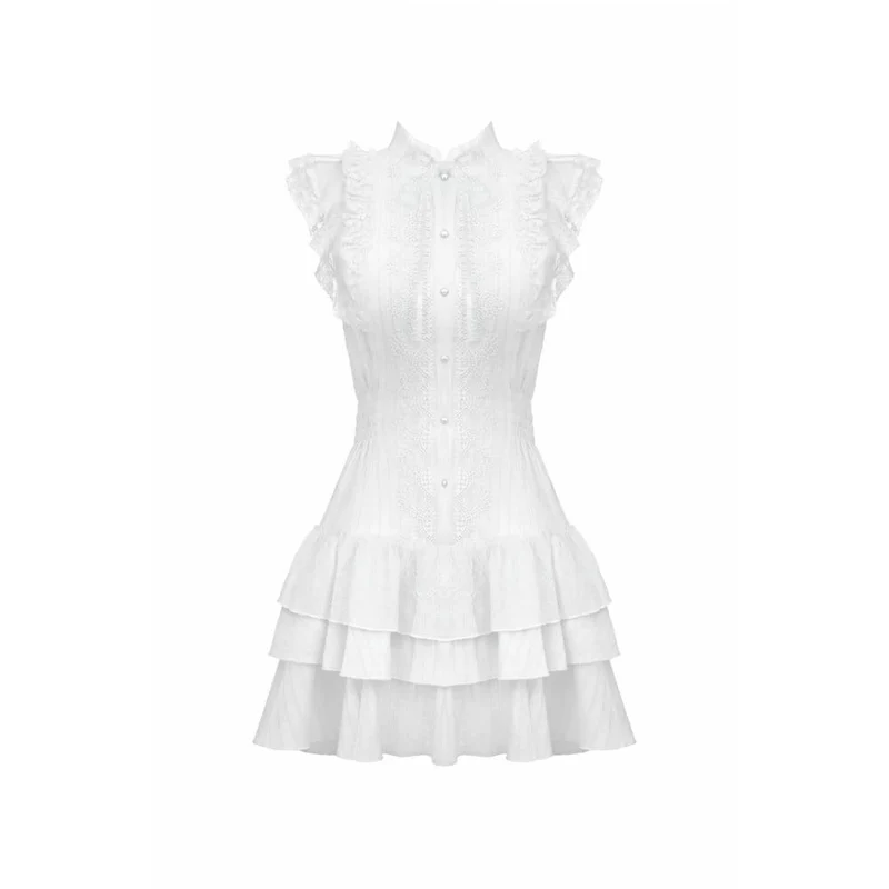 Weißes, gotisches Damenkleid mit Lagenrock, Rüschen und Spitzeneinsatz