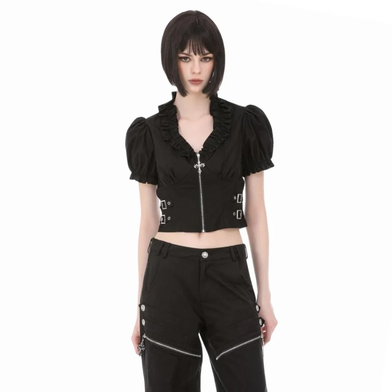 Punkiges, gerüschtes Kurzarm-Crop-Top mit tiefem Ausschnitt und Reißverschluss für Damen