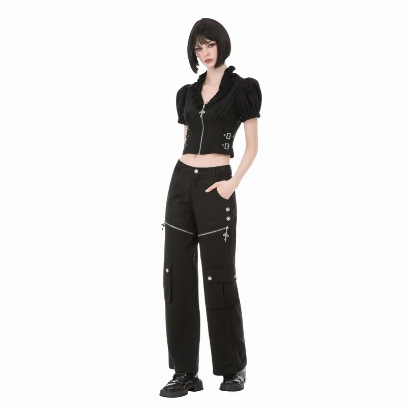 Punkiges, gerüschtes Kurzarm-Crop-Top mit tiefem Ausschnitt und Reißverschluss für Damen