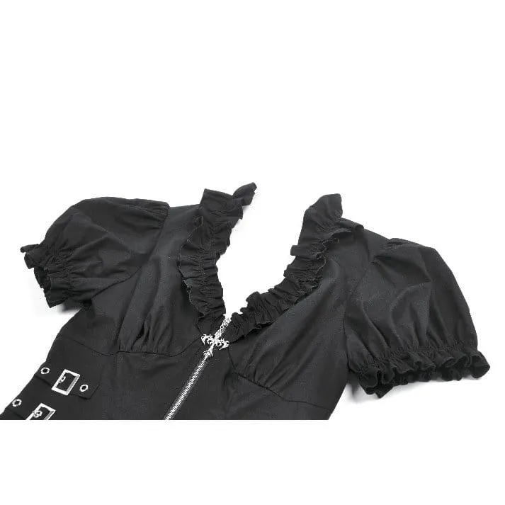 Punkiges, gerüschtes Kurzarm-Crop-Top mit tiefem Ausschnitt und Reißverschluss für Damen