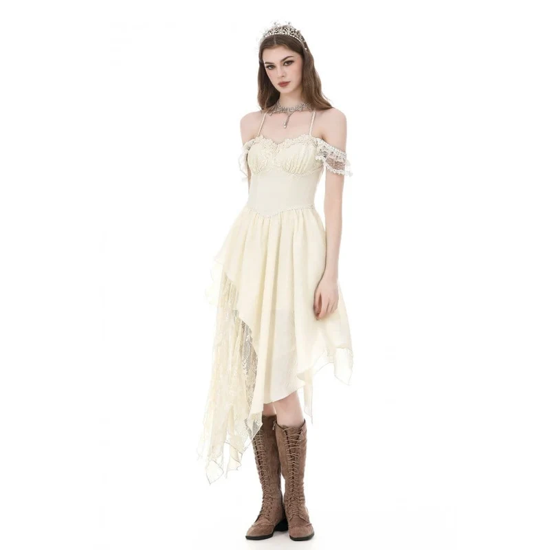Gothic-Kleid für Damen mit Spitzen-Patchwork, Rüschen, asymmetrischem Schulterfrei-Design, Abschlusskleid