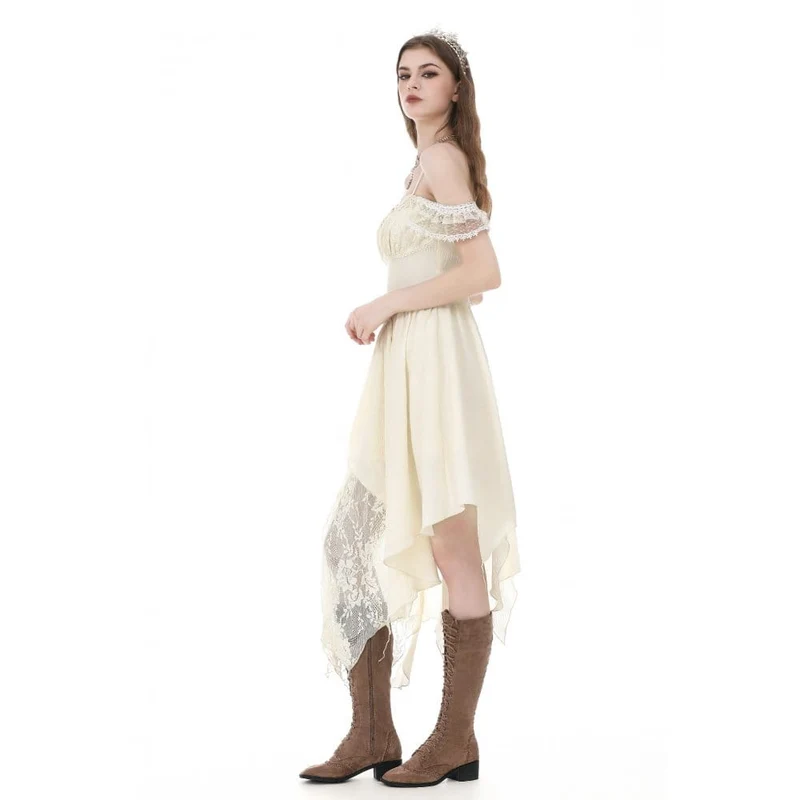 Gothic-Kleid für Damen mit Spitzen-Patchwork, Rüschen, asymmetrischem Schulterfrei-Design, Abschlusskleid