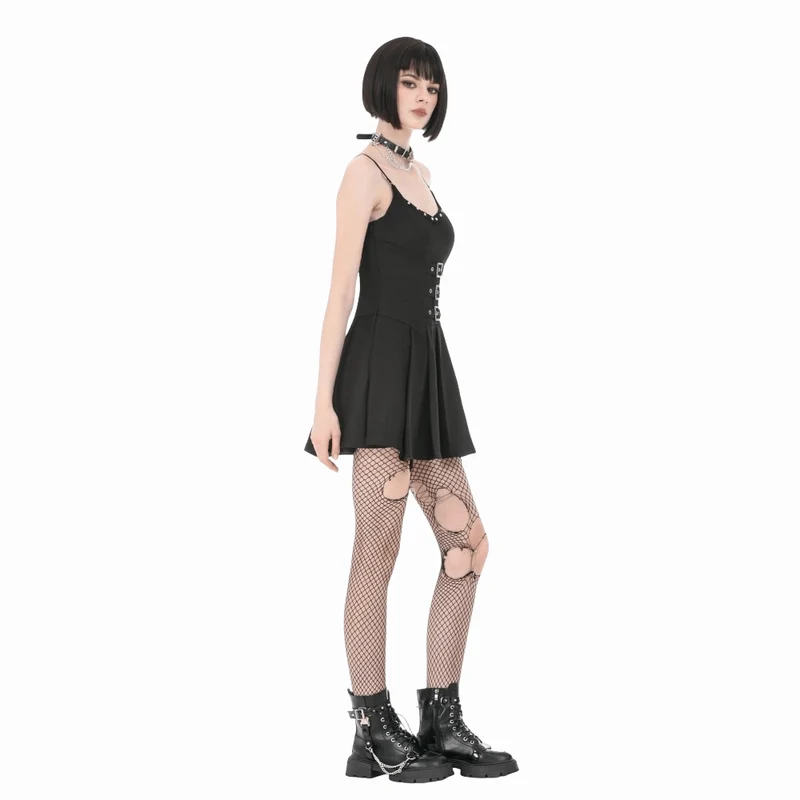 Damen-Punk-Kleid mit Nieten, Schnallenträgern und Falten