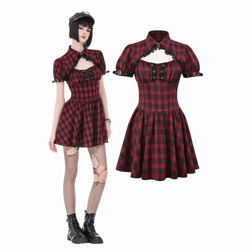 Punk-Kleid für Damen mit Cut-outs, Umlegekragen, Karomuster und kurzen Ärmeln