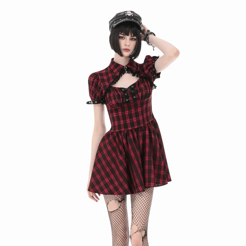 Punk-Kleid für Damen mit Cut-outs, Umlegekragen, Karomuster und kurzen Ärmeln