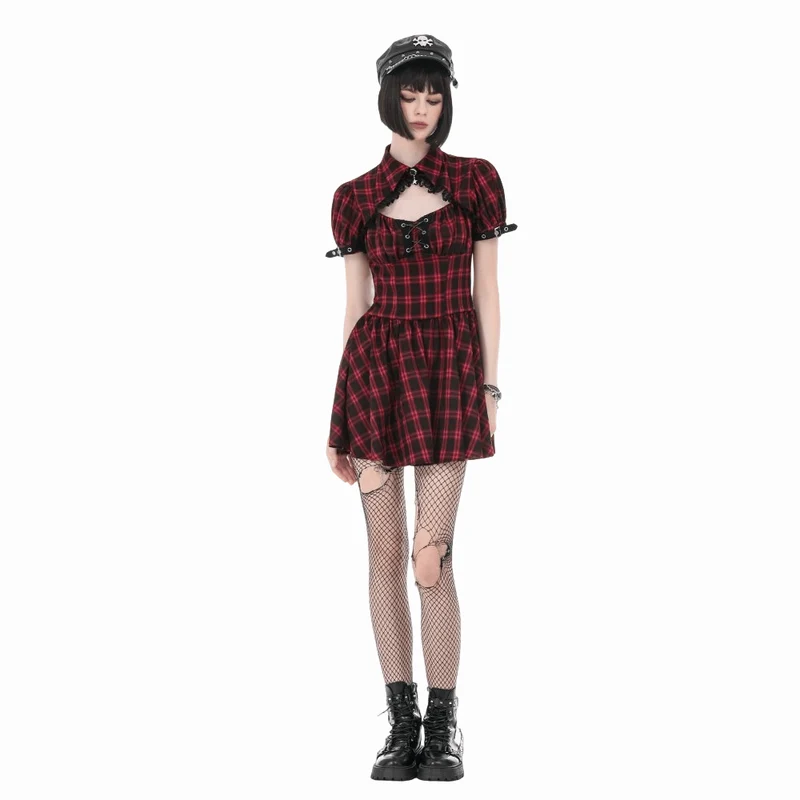 Punk-Kleid für Damen mit Cut-outs, Umlegekragen, Karomuster und kurzen Ärmeln