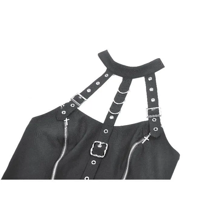 Punk-Neckholderkleid für Damen mit Schnallenriemen, Reißverschlüssen und Trägern