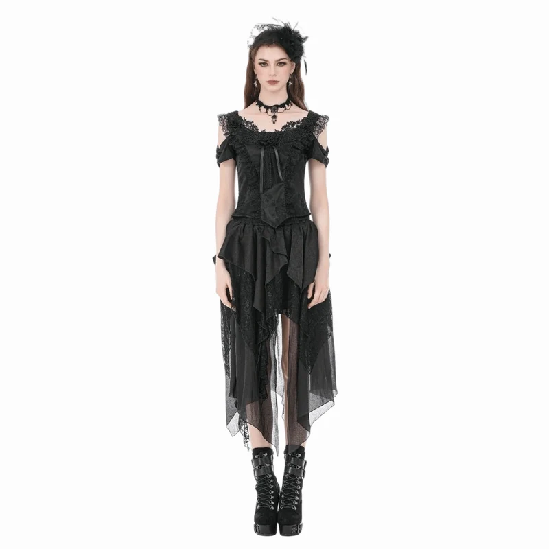 Gothic-Jacquard-Kurzarmhemd mit Rosenausschnitt für Damen