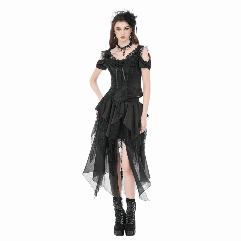 Gothic-Jacquard-Kurzarmhemd mit Rosenausschnitt für Damen