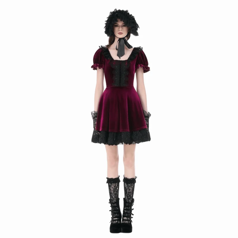 Gothic-Samtkleid für Damen mit Spitzenbesatz, eckigem Kragen und Abschlusskleid