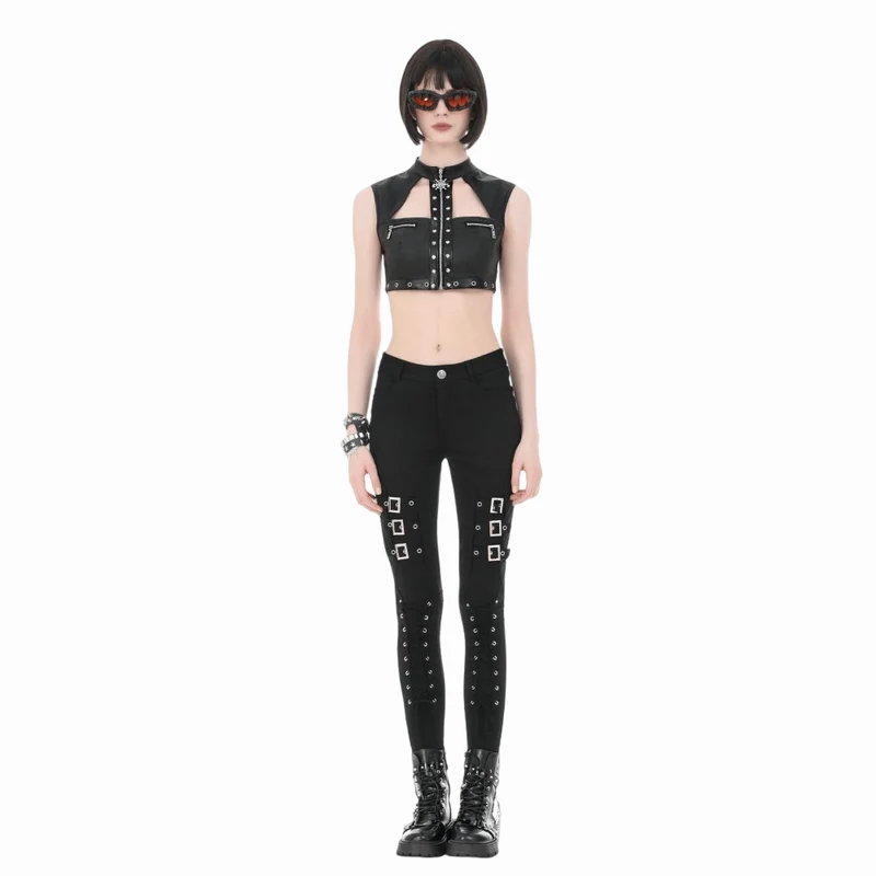 Punk-Crop-Top für Damen mit Ösen, Nieten, Cut-outs und Reißverschluss