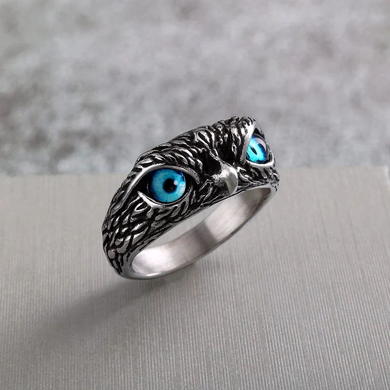 Herren-Punk-Eulenring mit blauen Augen