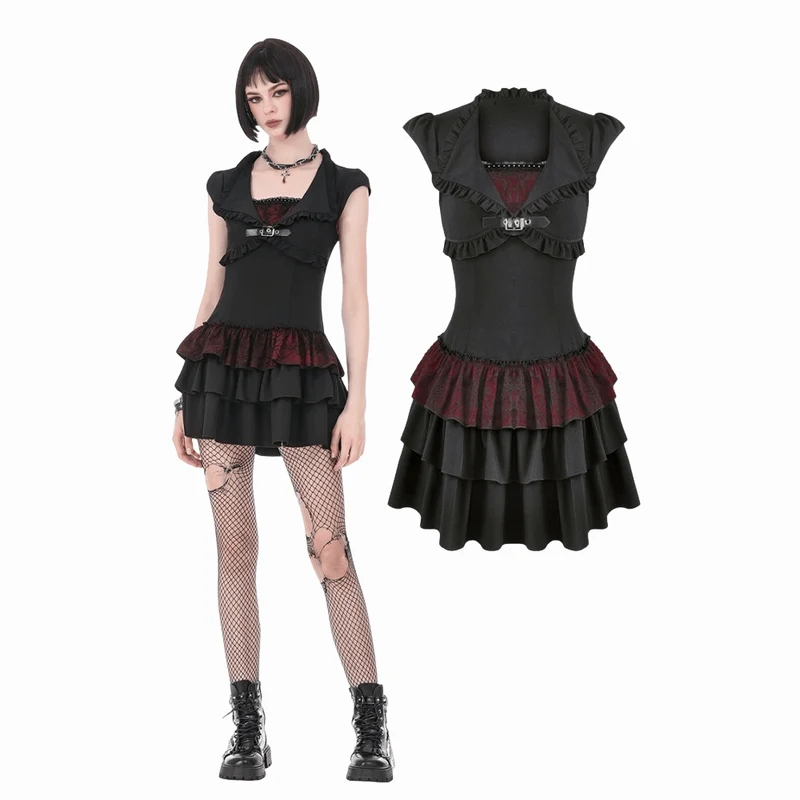 Gothic-Kleid für Damen, zweifarbig, mit Rüschen und kurzen Ärmeln