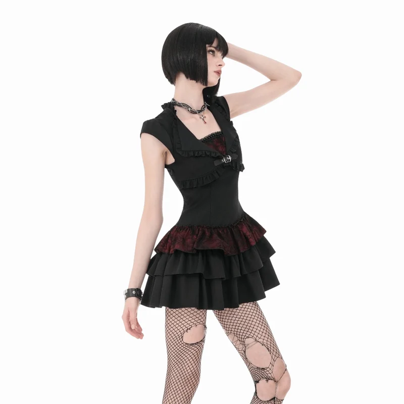 Gothic-Kleid für Damen, zweifarbig, mit Rüschen und kurzen Ärmeln