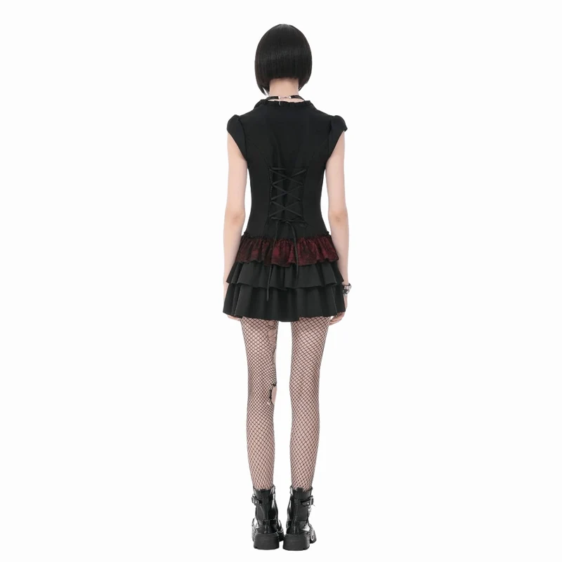 Gothic-Kleid für Damen, zweifarbig, mit Rüschen und kurzen Ärmeln