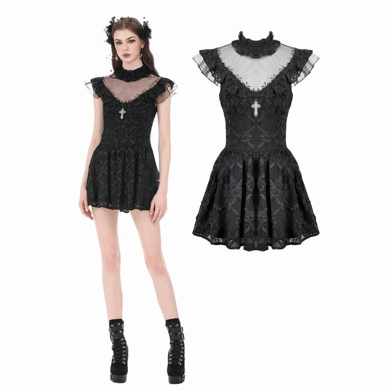 Gothic-Kurzkleid für Damen mit Blumenmuster, transparentem Mesh-Einsatz und Kreuzmuster