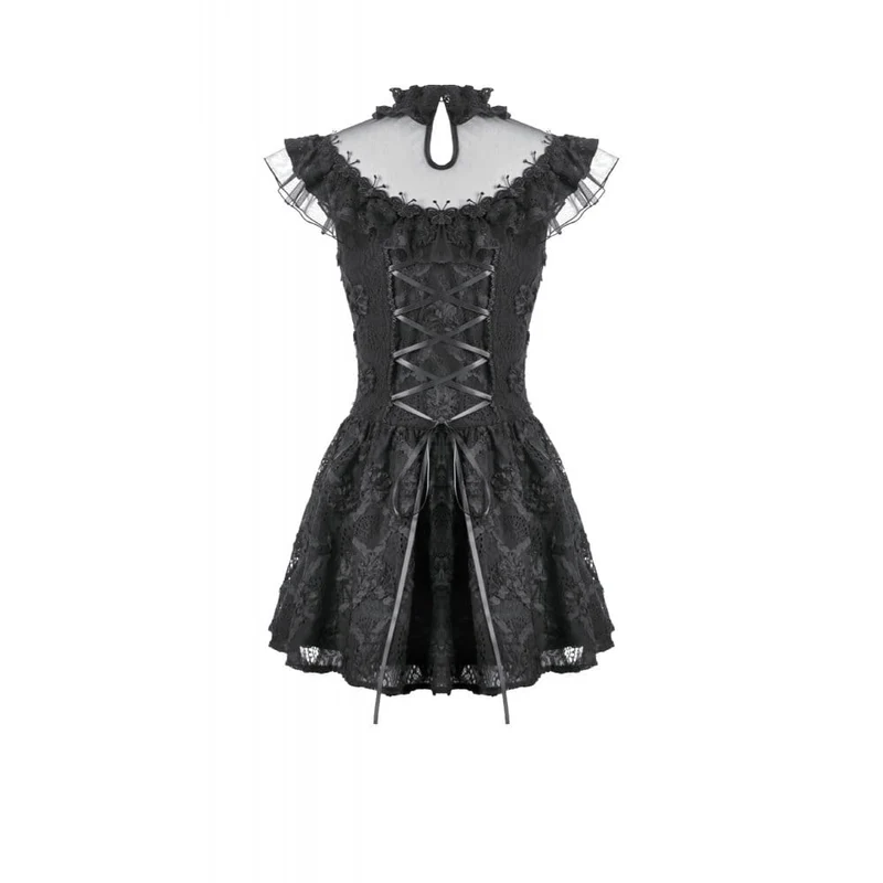 Gothic-Kurzkleid für Damen mit Blumenmuster, transparentem Mesh-Einsatz und Kreuzmuster