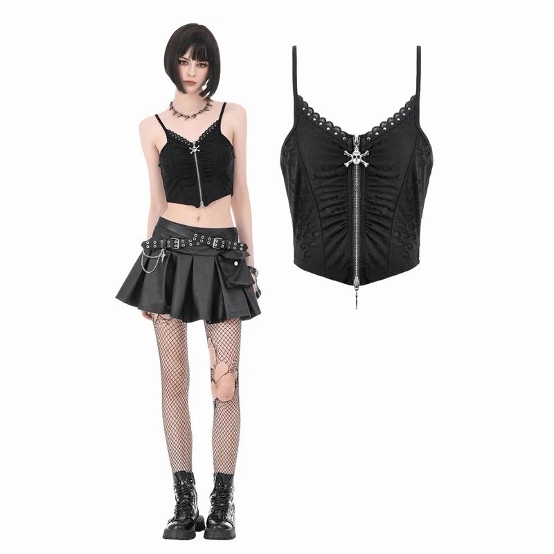 Punk-Bustier für Damen mit Totenkopf-Nieten, Rissen und Raffungen