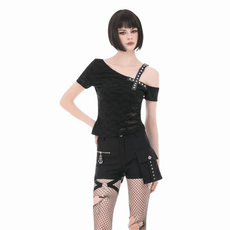 Punk-T-Shirt für Damen mit gekreuzten Trägern, Nieten und asymmetrischem Schnitt, kurzen Ärmeln