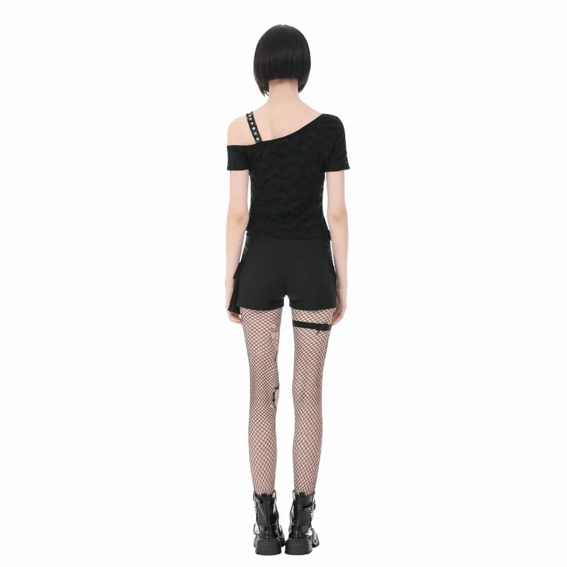 Punk-T-Shirt für Damen mit gekreuzten Trägern, Nieten und asymmetrischem Schnitt, kurzen Ärmeln