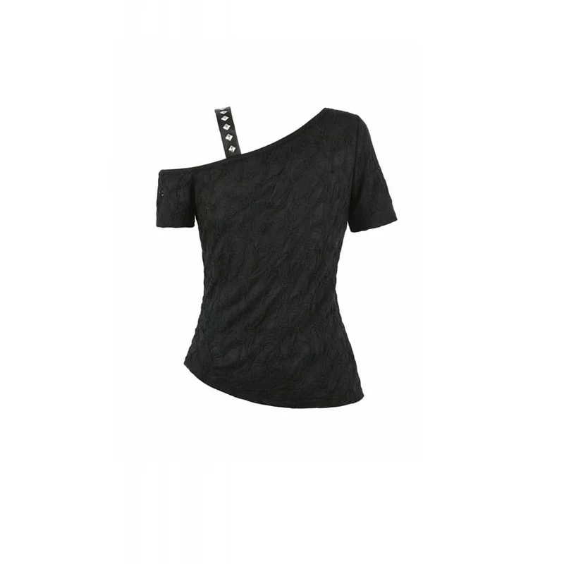 Punk-T-Shirt für Damen mit gekreuzten Trägern, Nieten und asymmetrischem Schnitt, kurzen Ärmeln
