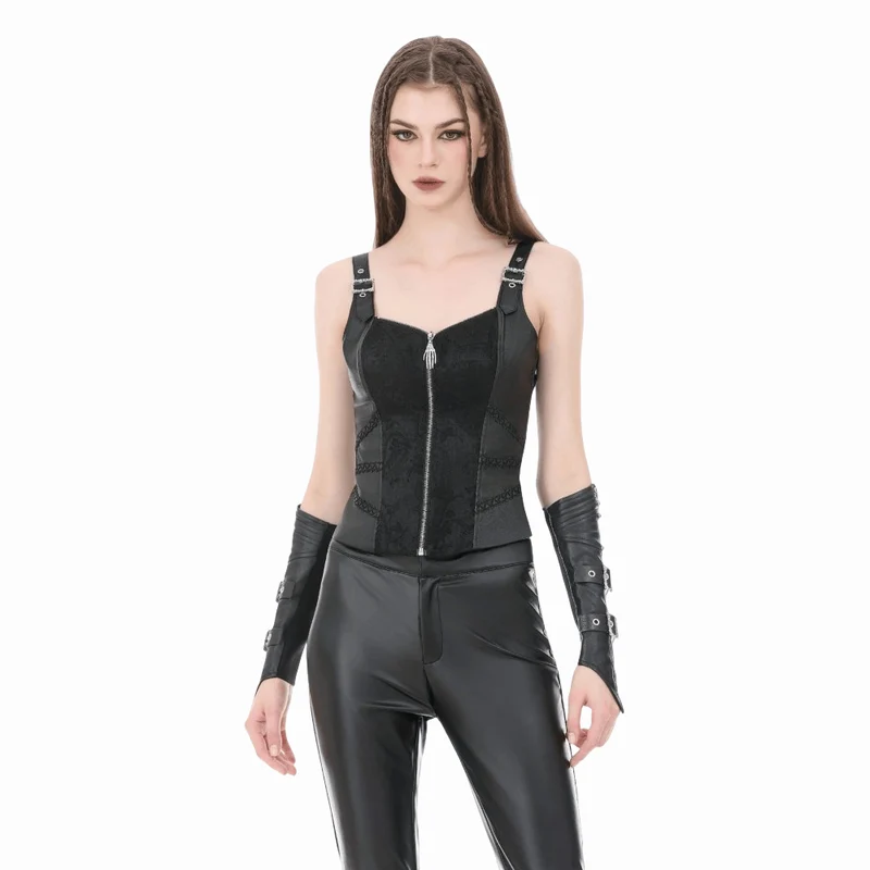 Punk-Weste für Damen mit Jacquard-Muster, Schnallenriemen und Reißverschluss