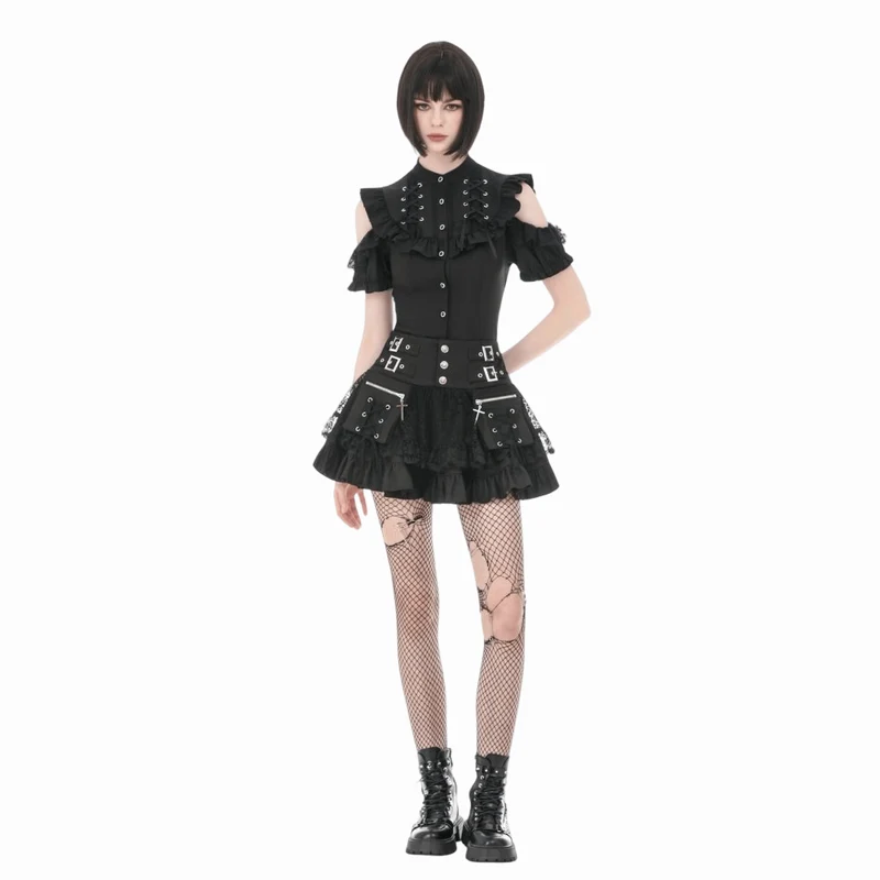 Gothic-T-Shirt für Damen mit Rüschen, Schnürung und Cut-outs, kurzen Ärmeln