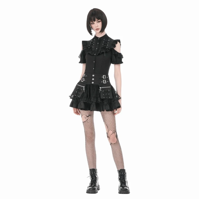 Gothic-T-Shirt für Damen mit Rüschen, Schnürung und Cut-outs, kurzen Ärmeln