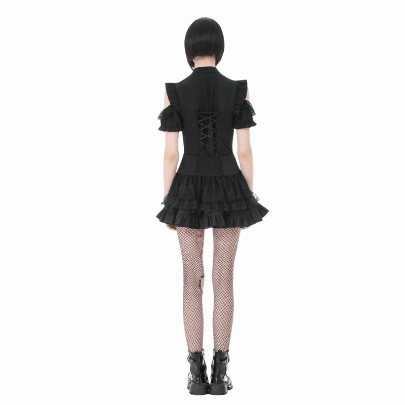 Gothic-T-Shirt für Damen mit Rüschen, Schnürung und Cut-outs, kurzen Ärmeln