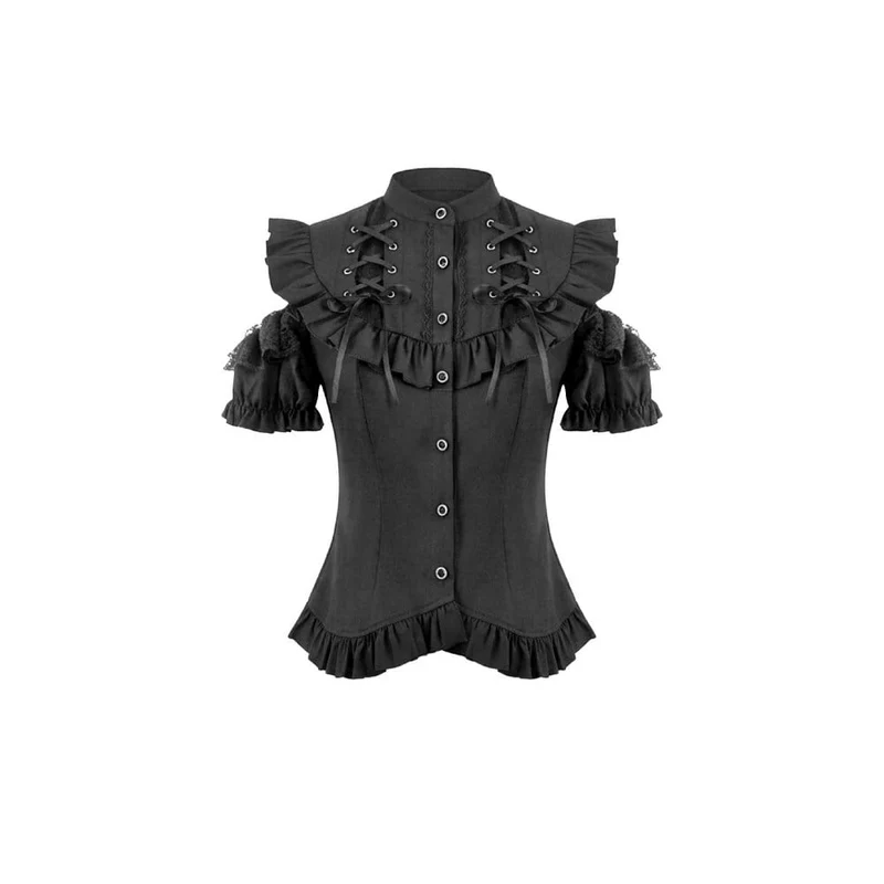 Gothic-T-Shirt für Damen mit Rüschen, Schnürung und Cut-outs, kurzen Ärmeln