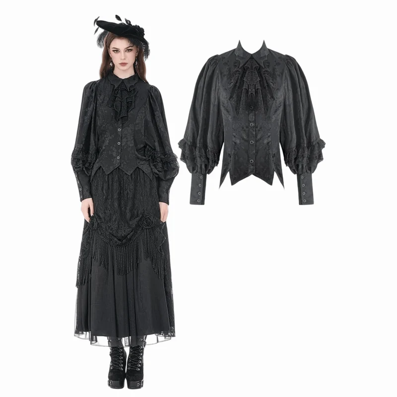 Gothic-Damenbluse mit Rosenjacquardmuster, unregelmäßigem Saum, langen Ärmeln und abnehmbarer Krawatte