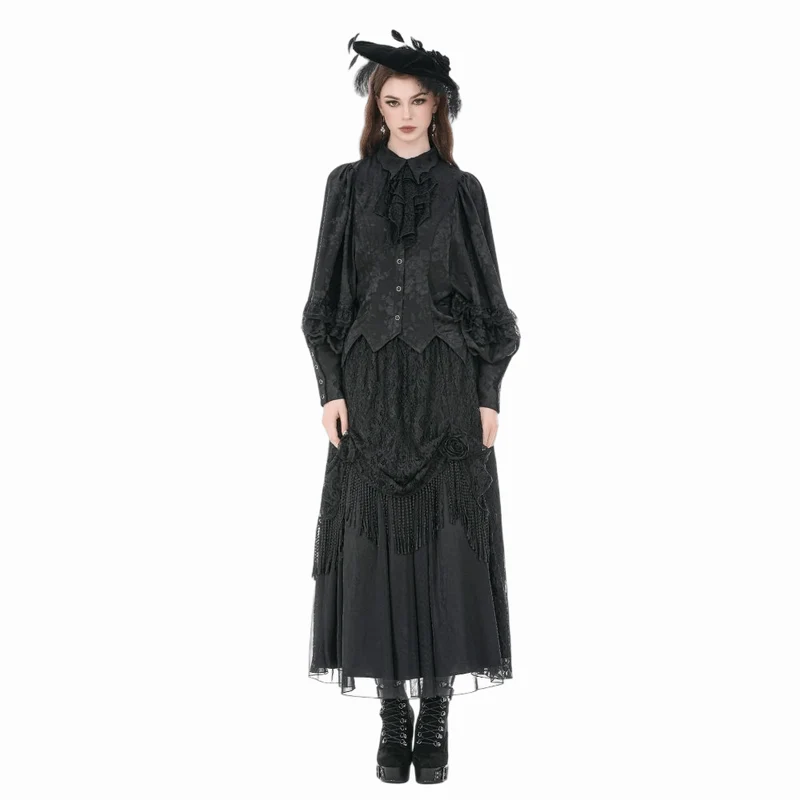 Gothic-Damenbluse mit Rosenjacquardmuster, unregelmäßigem Saum, langen Ärmeln und abnehmbarer Krawatte