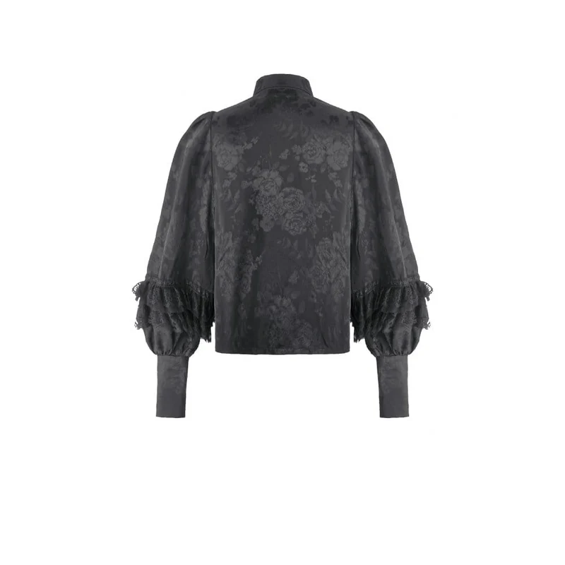 Gothic-Damenbluse mit Rosenjacquardmuster, unregelmäßigem Saum, langen Ärmeln und abnehmbarer Krawatte