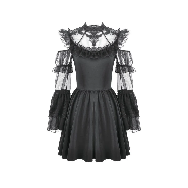Gothic-Kleid für Damen mit Mesh-Einsätzen, Rüschen und Cut-outs, langen Ärmeln