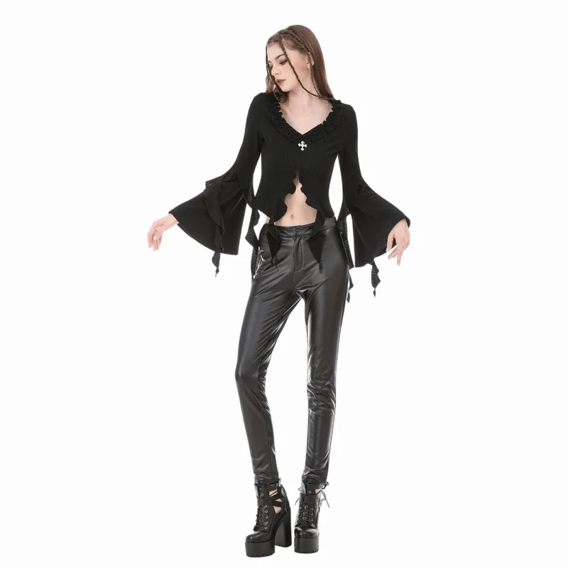 Gothic-Crop-Top mit gekreuzten Ärmeln, tiefem Ausschnitt und Bändern für Damen