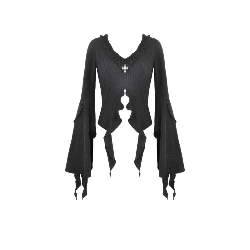 Gothic-Crop-Top mit gekreuzten Ärmeln, tiefem Ausschnitt und Bändern für Damen
