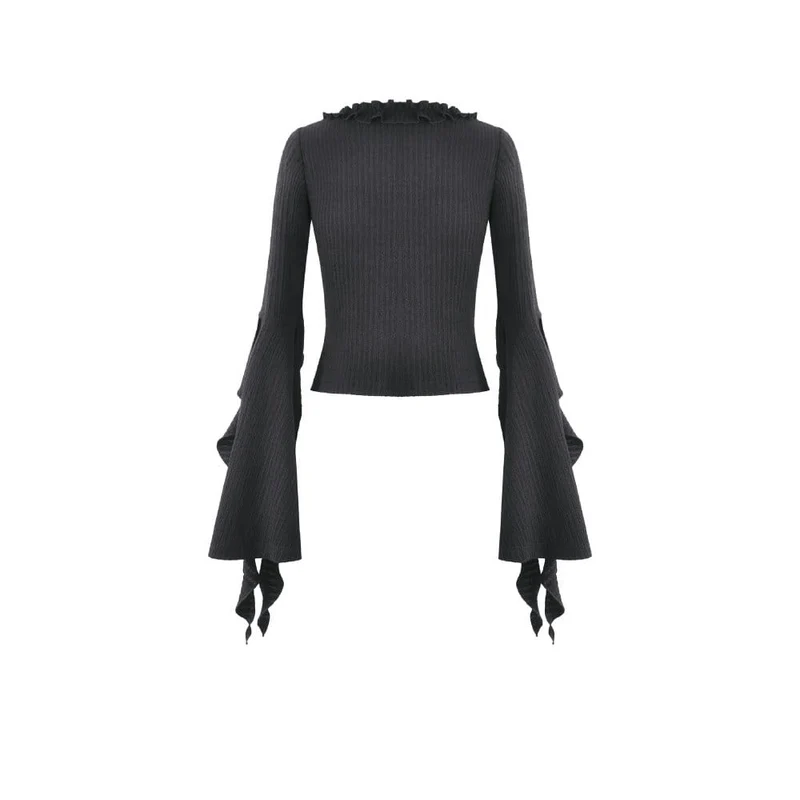Gothic-Crop-Top mit gekreuzten Ärmeln, tiefem Ausschnitt und Bändern für Damen