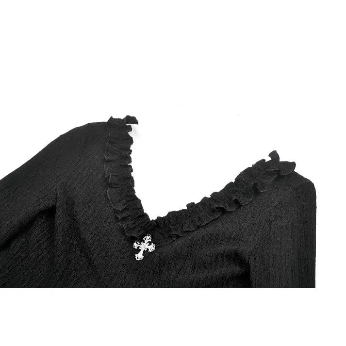 Gothic-Crop-Top mit gekreuzten Ärmeln, tiefem Ausschnitt und Bändern für Damen