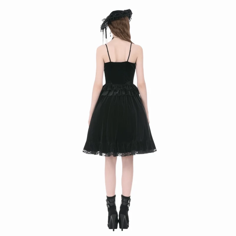 Gothic-T-Shirt aus Samt mit Kreuzverzierung und Rüschen für Damen