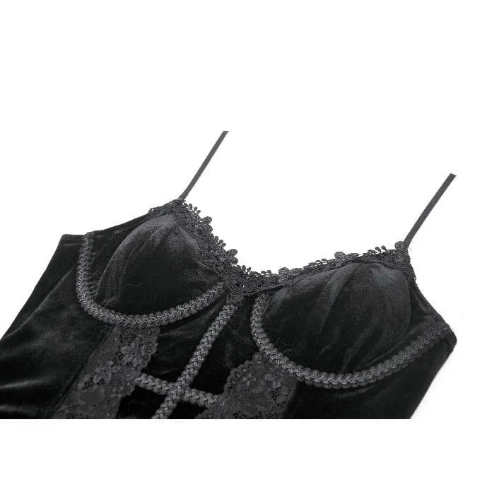 Gothic-T-Shirt aus Samt mit Kreuzverzierung und Rüschen für Damen