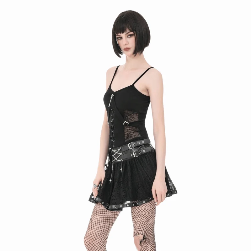 Gothic-Minirock für Damen mit Ösen- und Schnallenriemen sowie Kettenverzierung