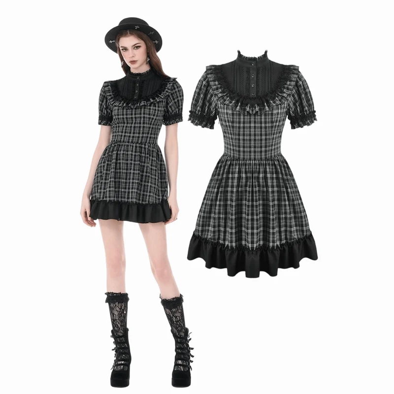 Gothic-Kleid für Damen mit Rüschen, Karomuster und kurzen Ärmeln