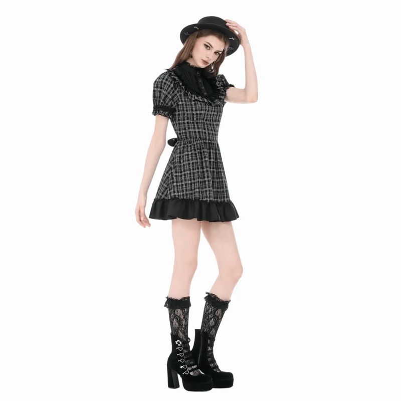 Gothic-Kleid für Damen mit Rüschen, Karomuster und kurzen Ärmeln