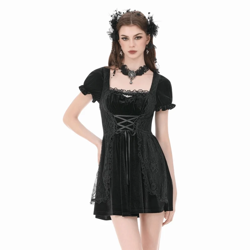 Gothic-Kleid für Damen mit Spitzenbesatz, Schnürung und eckigem Kragen, Abschlusskleid