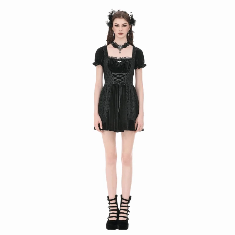 Gothic-Kleid für Damen mit Spitzenbesatz, Schnürung und eckigem Kragen, Abschlusskleid