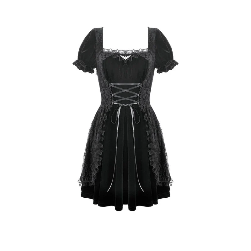 Gothic-Kleid für Damen mit Spitzenbesatz, Schnürung und eckigem Kragen, Abschlusskleid