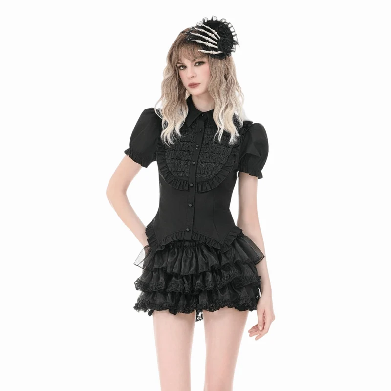 Gothic-Damenbluse mit gerafftem Umlegekragen und Puffärmeln